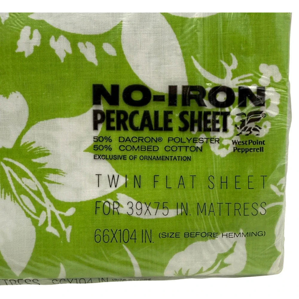 Vintage Martex TWIN Flat Sheet No Iron Percale Green Floral Fern NIP Sealed NOS